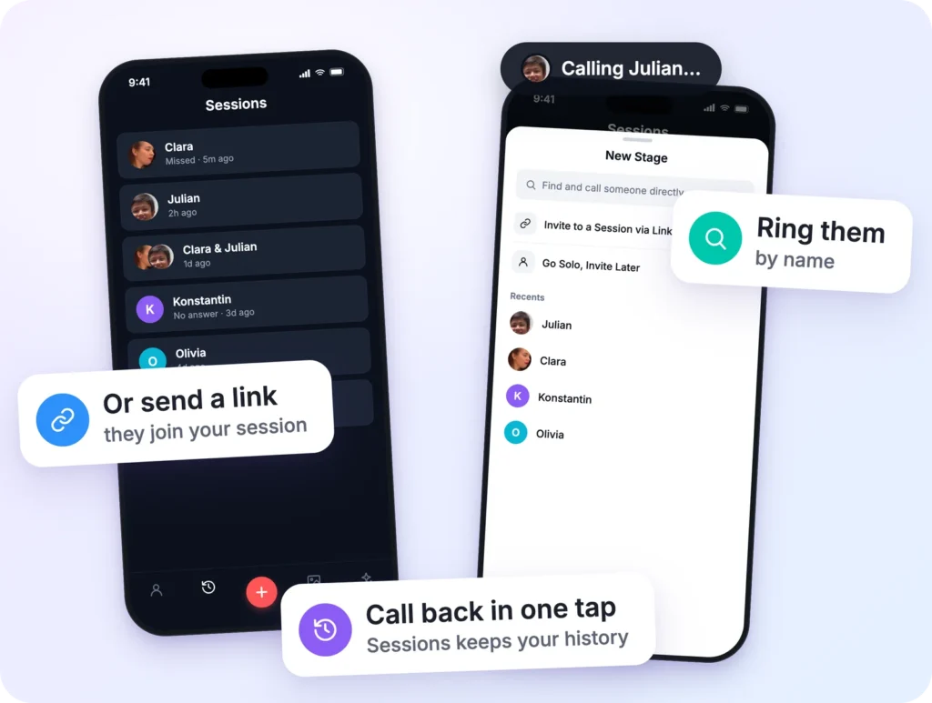 TakeStage Sessions list with call by name or invite link